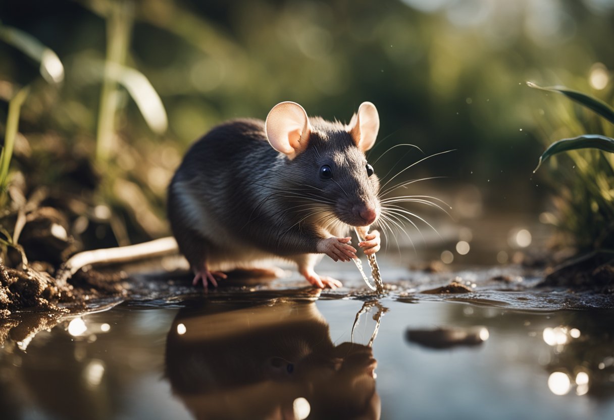 A rat drinking from a puddle near a flooded area