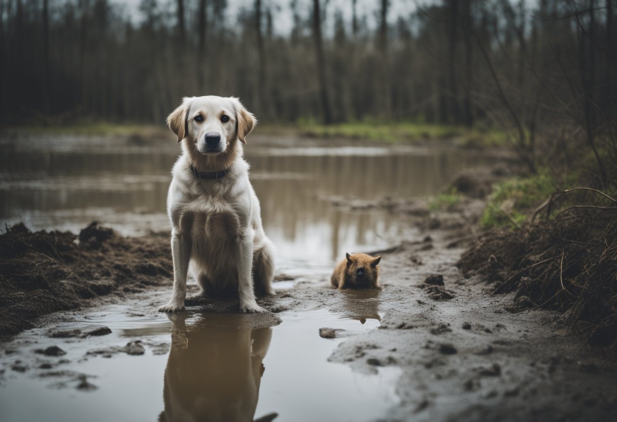 A dog with lethargy, fever, and jaundice, standing in a muddy, flooded environment with rats and stagnant water nearby