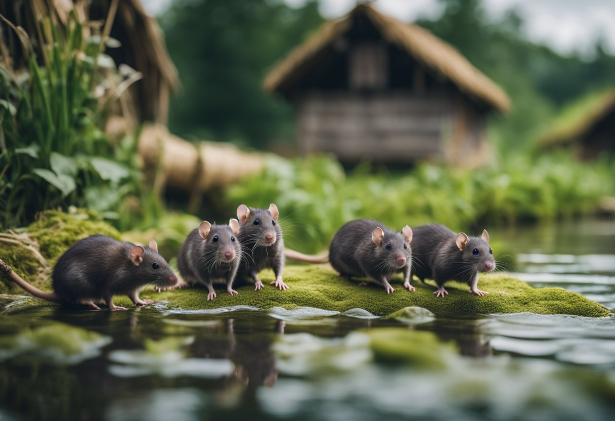 A group of rats swimming in contaminated water near a rural village