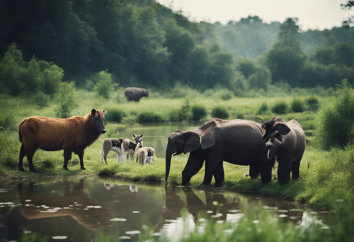 A group of animals near contaminated water sources, showing signs of illness