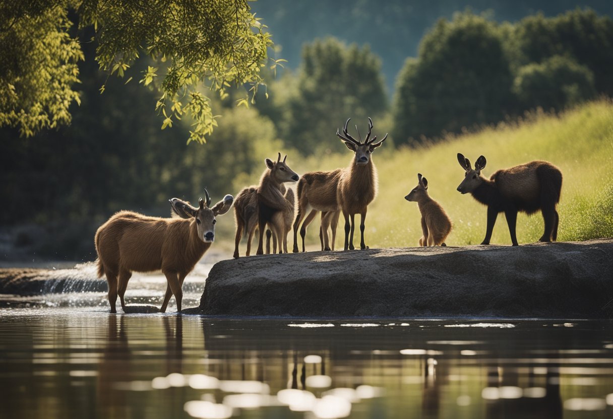 A group of animals near a water source, with one showing signs of illness. Other animals are avoiding the sick one