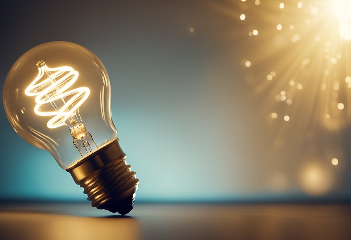 A lightbulb illuminates a room while a smaller, more efficient lightbulb glows brighter. 
