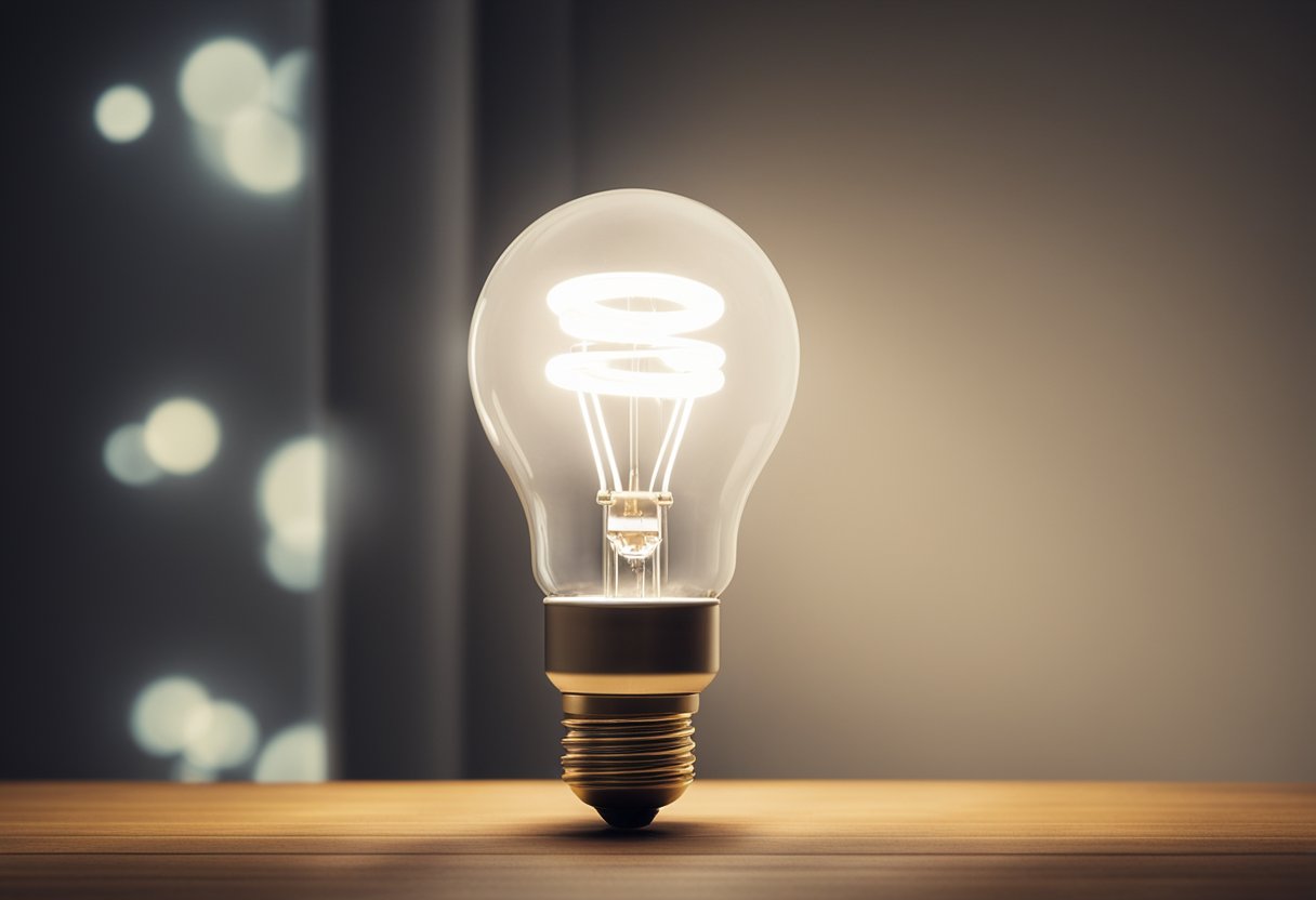 A bright lightbulb illuminates a room while a smaller, dimmer bulb consumes less energy. 