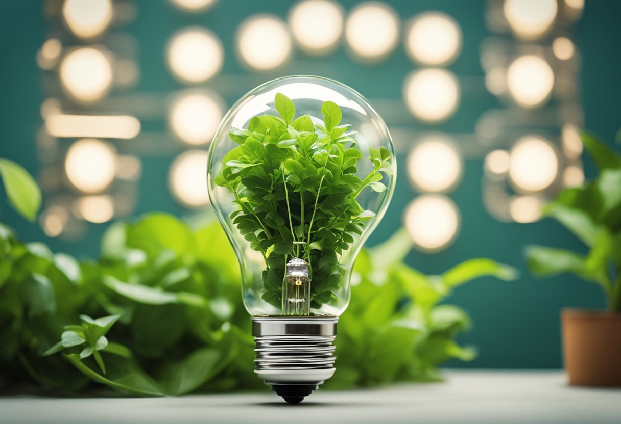 A lightbulb surrounded by energy-saving appliances and green plants, with arrows pointing towards the lightbulb, symbolizing strategies for improving energy efficiency