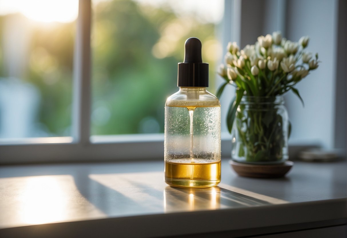 A clear glass bottle of serum sits next to a jar of moisturizer on a clean, white countertop, with soft natural light streaming in from a nearby window