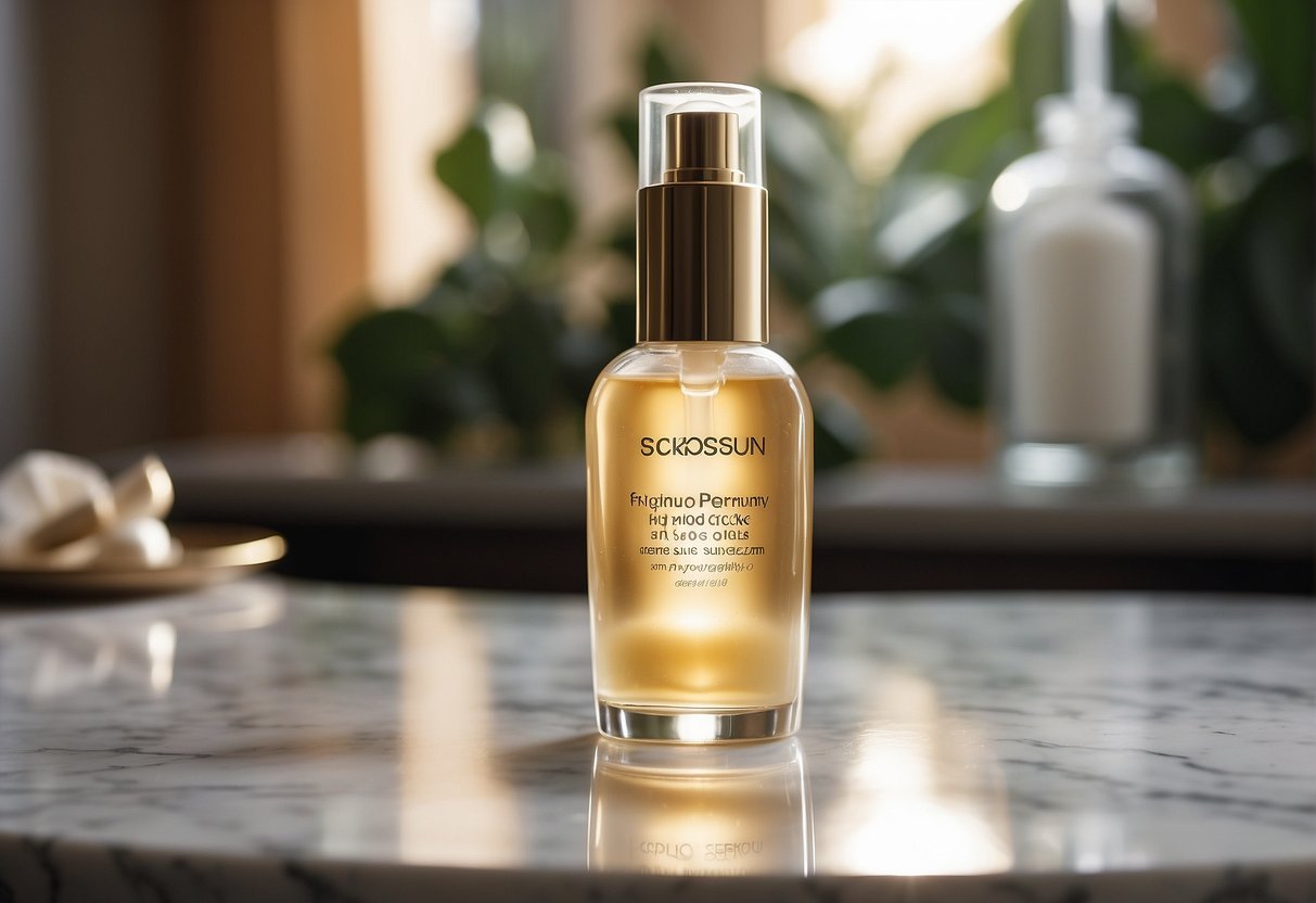 A clear glass bottle of serum sits on a marble countertop, next to an open jar of moisturizer. Rays of sunlight highlight the elegant packaging, emphasizing the importance of using serum before moisturizer for optimal skincare results