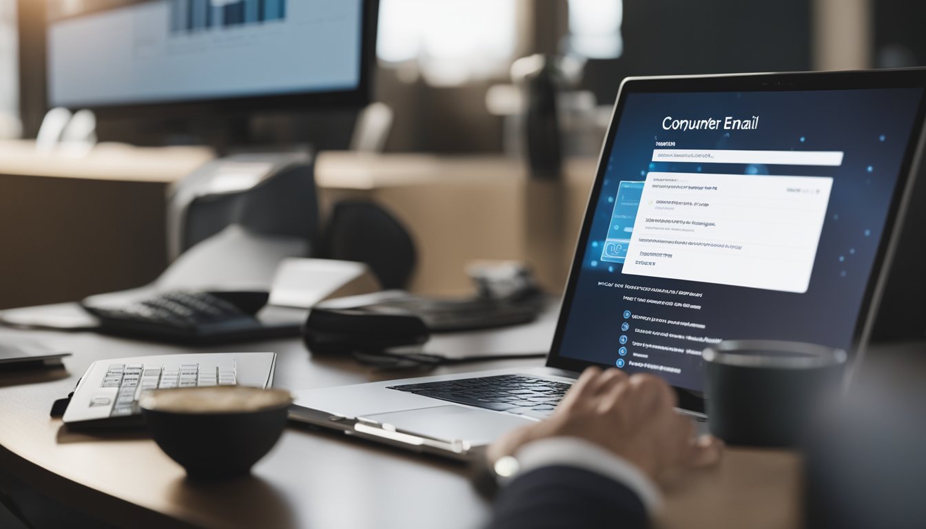 A person typing on a computer, creating and sending an email from a temporary email address. The computer screen displays a temporary email service website