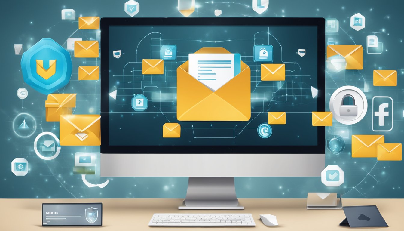 A computer screen displaying various temporary email service options with a checkmark next to the best one. Icons of envelopes and security shields surround the options