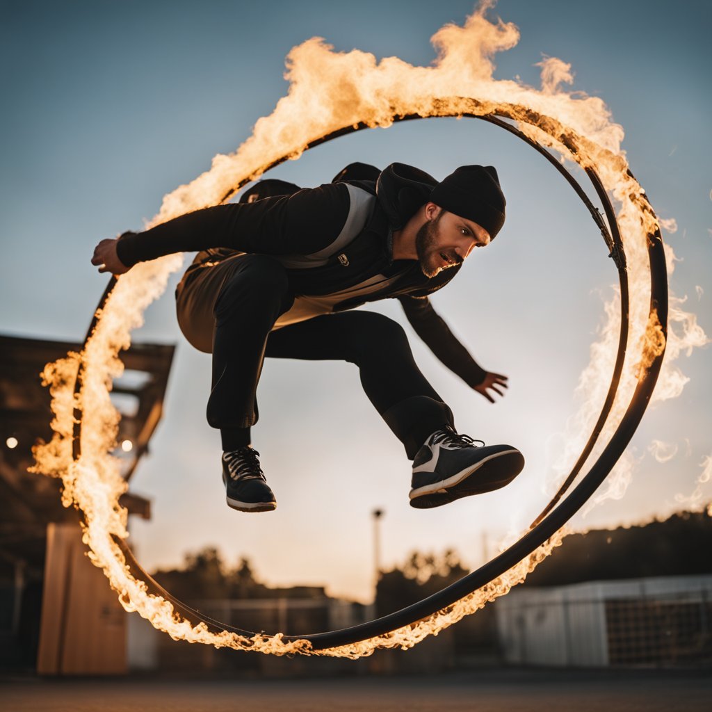 Stunt performer leaping through fiery hoop