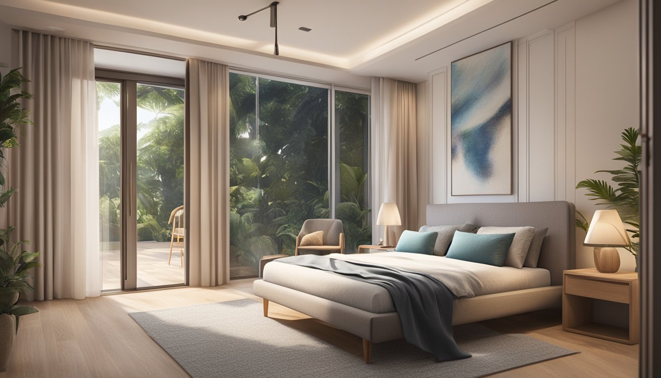 A cozy bedroom with a neatly made bed, adorned with a comfortable mattress in Singapore. The room is bathed in soft natural light, creating a serene and inviting atmosphere