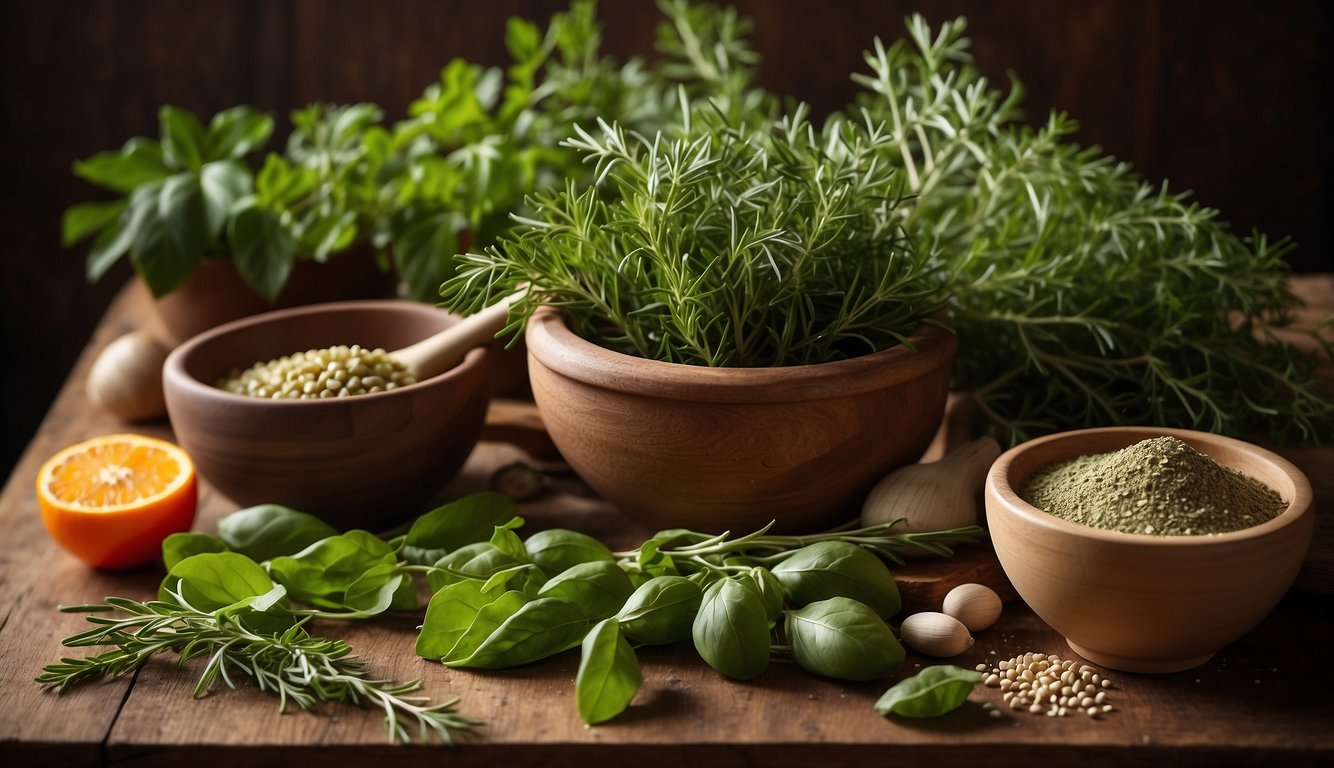 A collection of fresh herbs and natural ingredients arranged on a rustic wooden table, with a mortar and pestle nearby for preparation