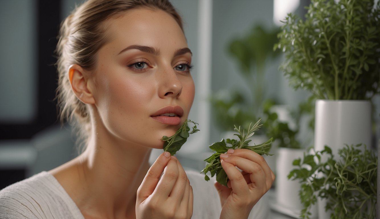 A woman applies herbal face food to her skin, with a serene expression. The product sits on a clean, minimalist vanity
