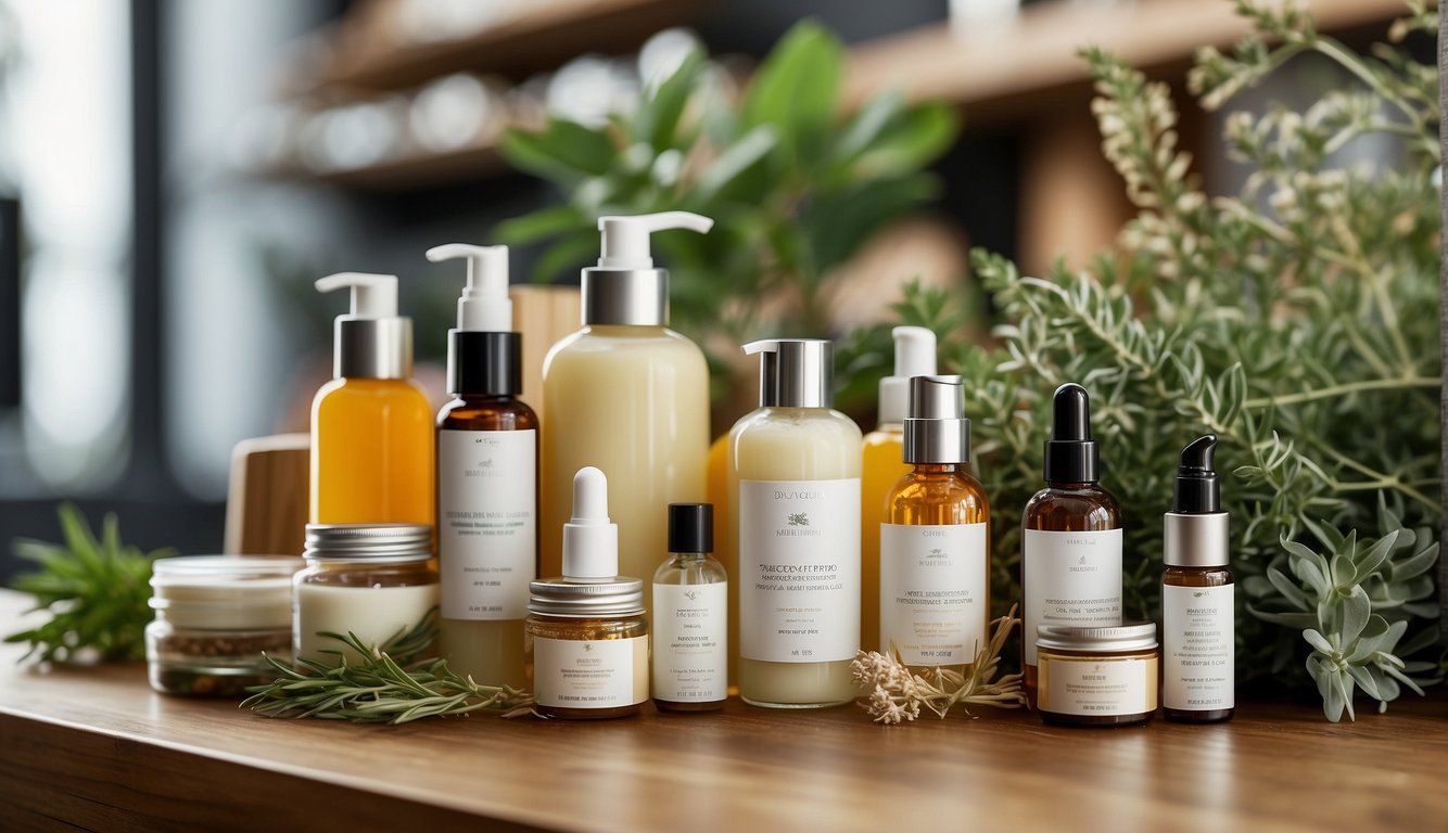 A vibrant array of herbal skincare products arranged on a clean, modern display. Bright colors and natural textures draw the eye, inviting exploration