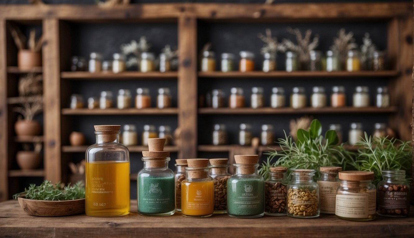 Aztlan herbal remedies displayed on rustic wooden shelves with traditional Aztec symbols and ingredients