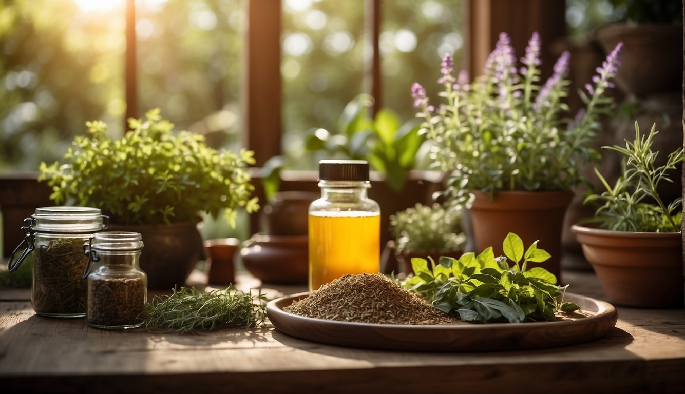 A serene garden filled with vibrant, healing herbs. Aztlan's detox and cleansing remedies displayed on a rustic wooden table. Sunlight filters through the leaves, casting a warm glow