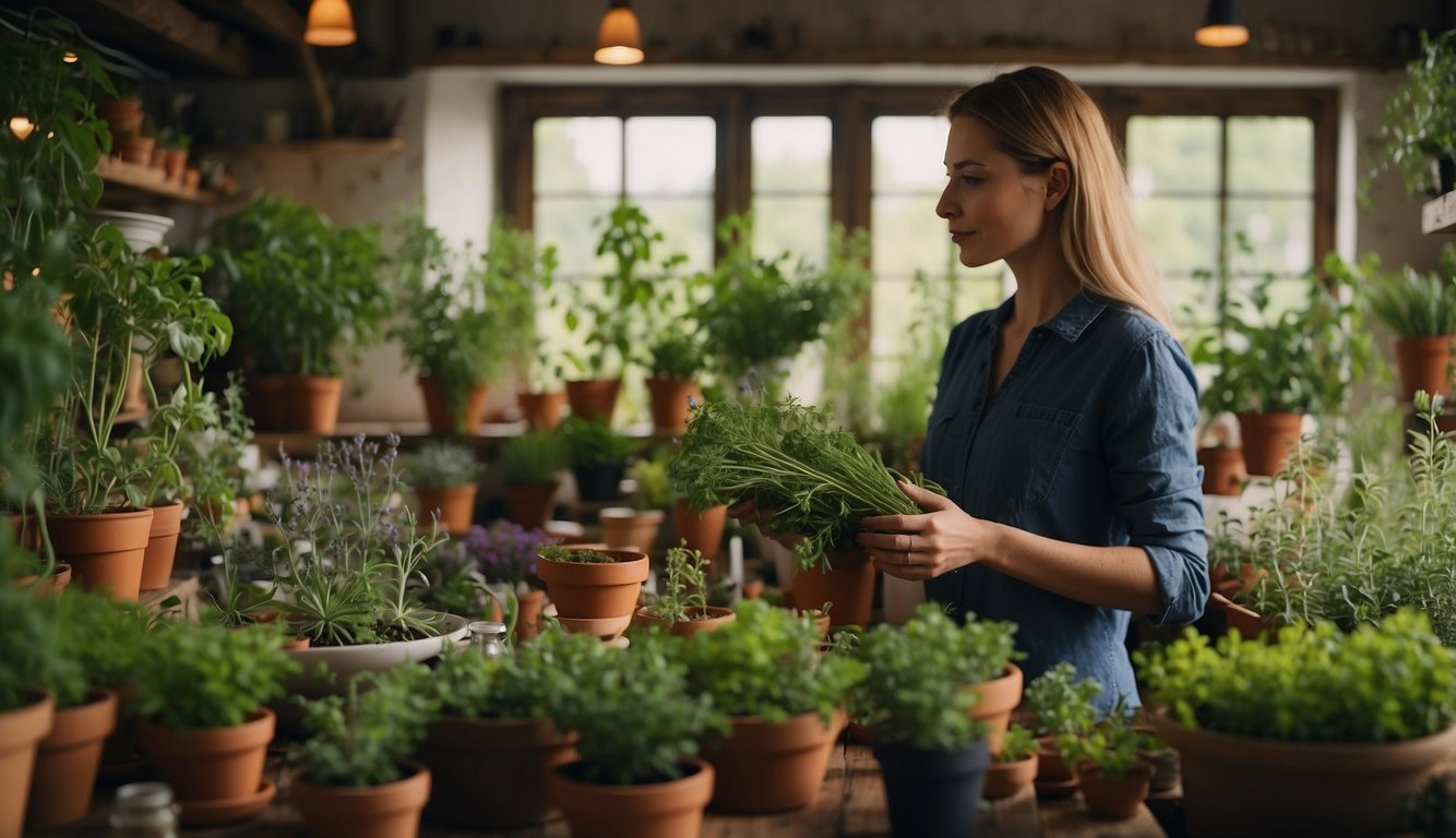A woman stands in a vibrant herbal garden, surrounded by various plants and remedies. She carefully tends to the herbs, preparing them for medicinal use