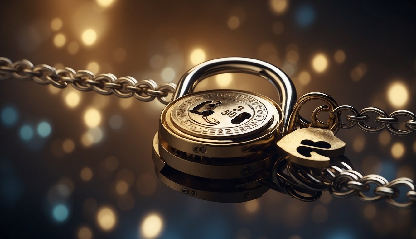 A lock with a key turning in it, surrounded by swirling lines and jumbled letters, representing the concept of encryption