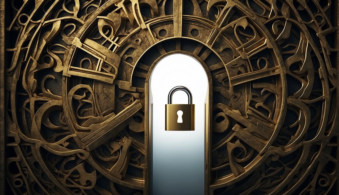 A lock with a keyhole, surrounded by a swirling pattern of interconnected lines and shapes, symbolizing encryption