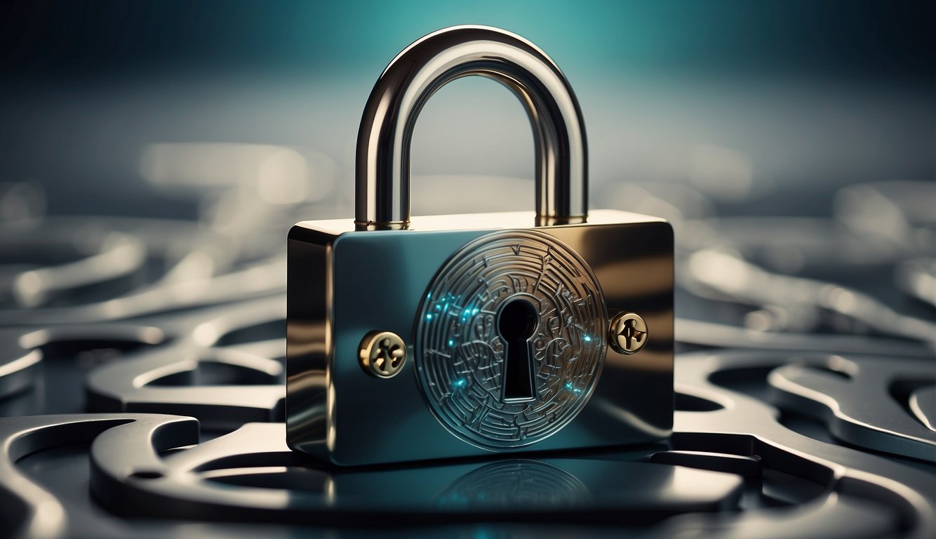 A lock with a keyhole, surrounded by swirling lines and arrows to represent encryption