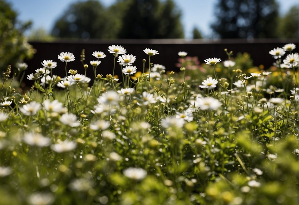 A garden scene in May 2024, with blooming flowers, green foliage, and a clear blue sky