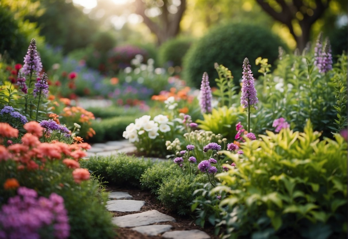 A colorful garden with blooming flowers, lush greenery, and a variety of plants arranged in a well-planned and designed layout