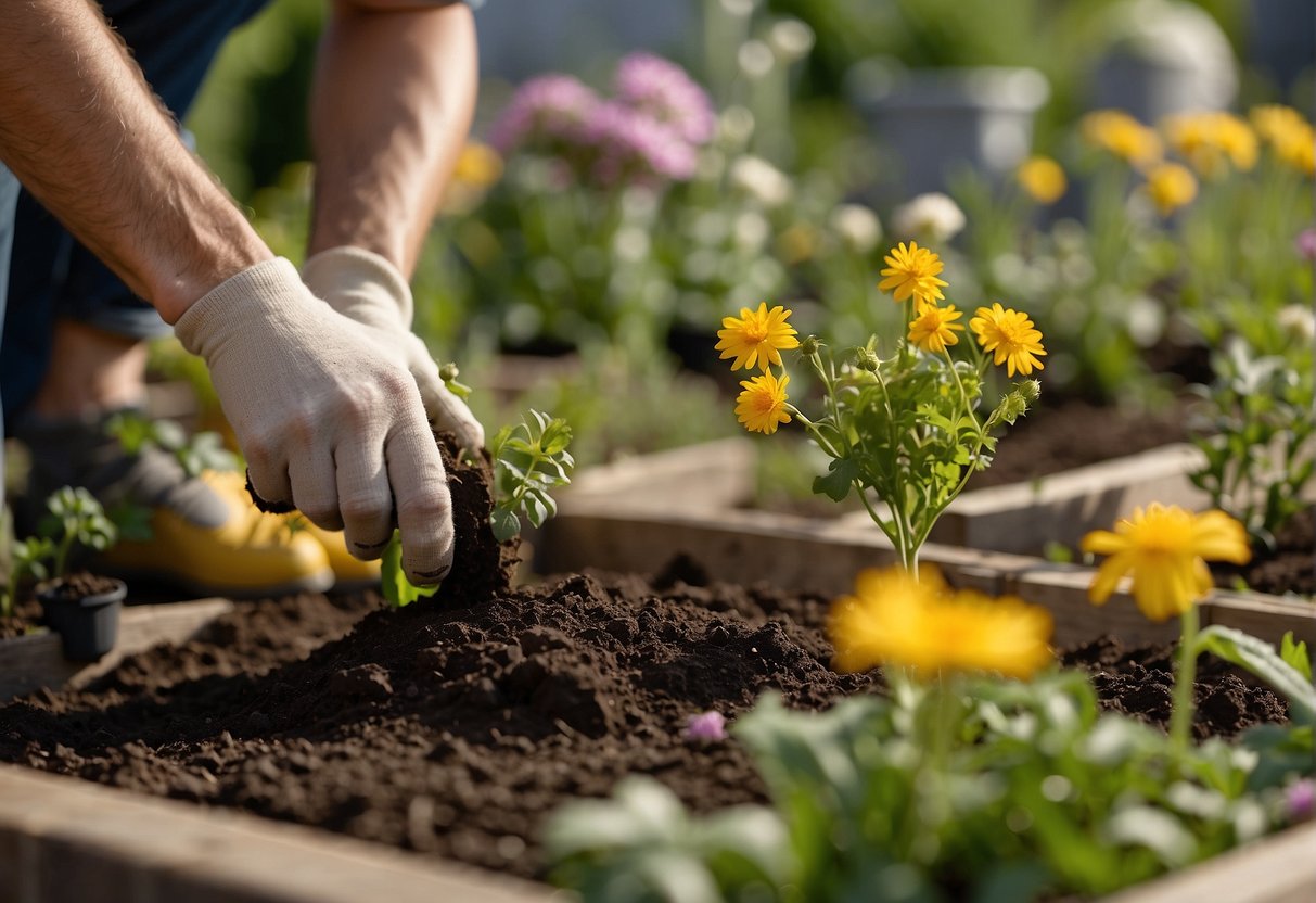 A gardener prepares the soil in a garden bed, surrounded by blooming flowers and budding plants. The calendar reads "May 2024."