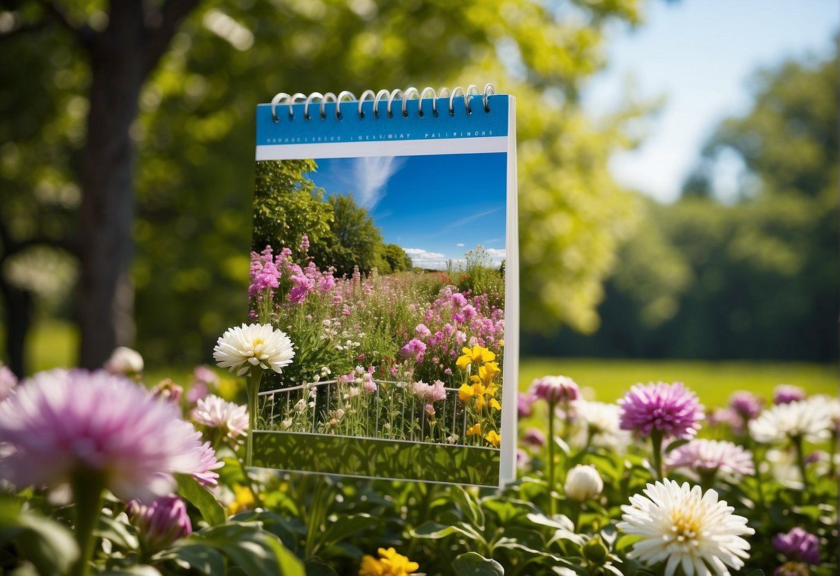 A garden calendar page for May 2024, with vibrant flowers in bloom, lush green foliage, and a clear blue sky in the background