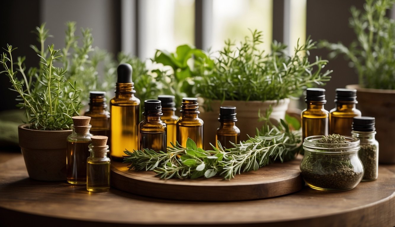 A table filled with fresh herbs, essential oils, and natural ingredients. Bottles and jars labeled with "Vital Herbal Products." Bright, natural lighting illuminates the scene