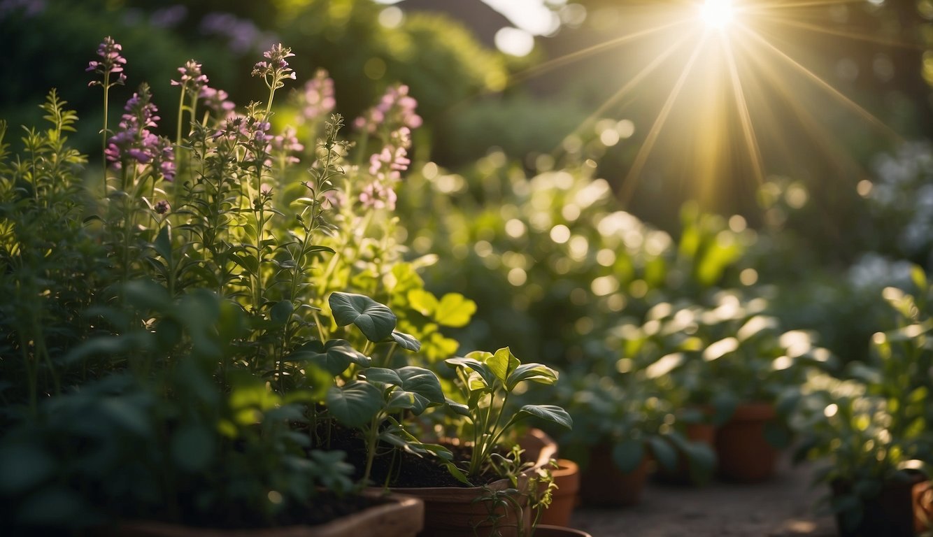 A lush garden filled with vibrant, blooming herbs and plants, with rays of sunlight breaking through the leaves, creating a serene and healing atmosphere