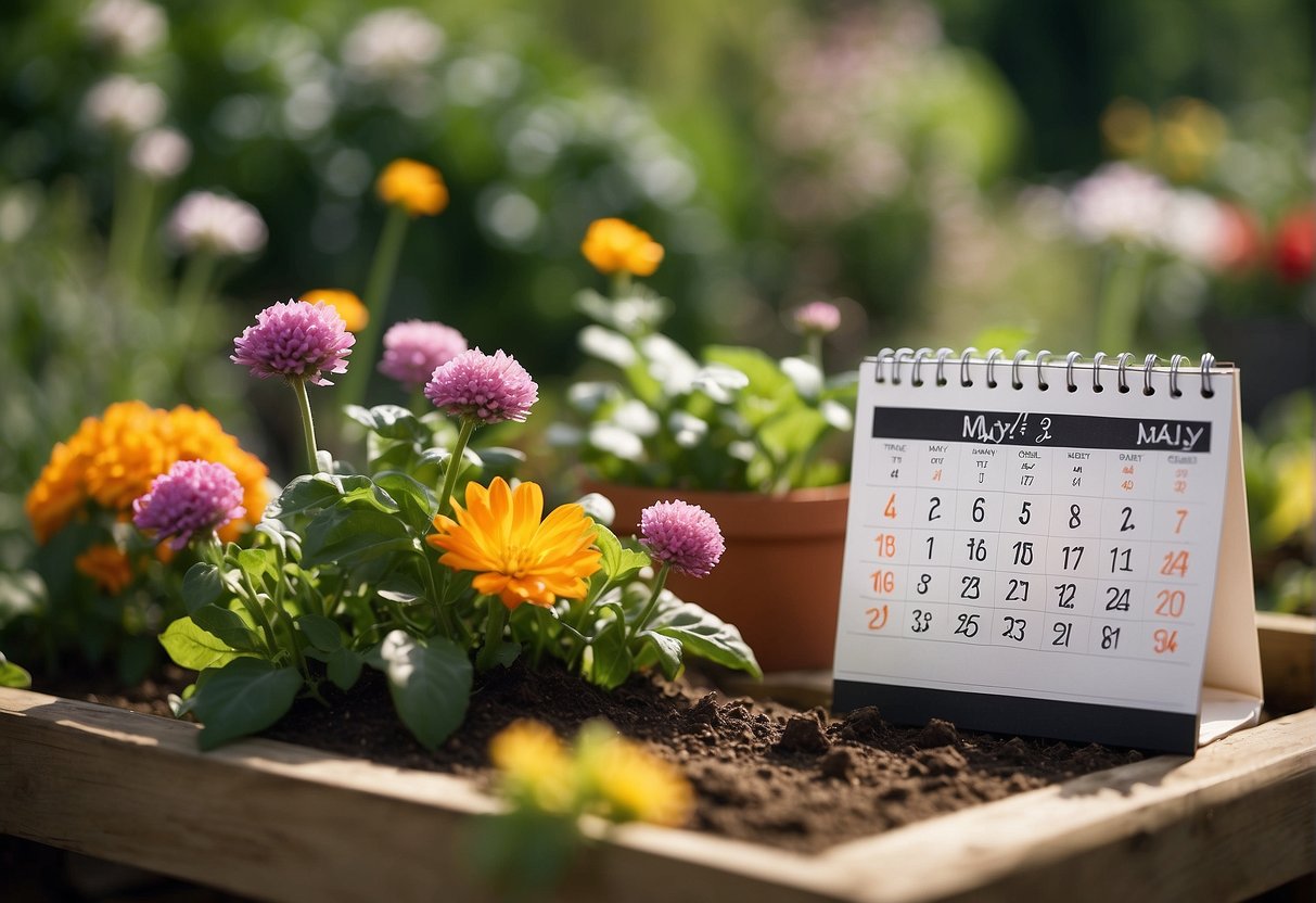 A garden calendar for May 2024, with various planting and fertilizing strategies, surrounded by blooming flowers and budding vegetables