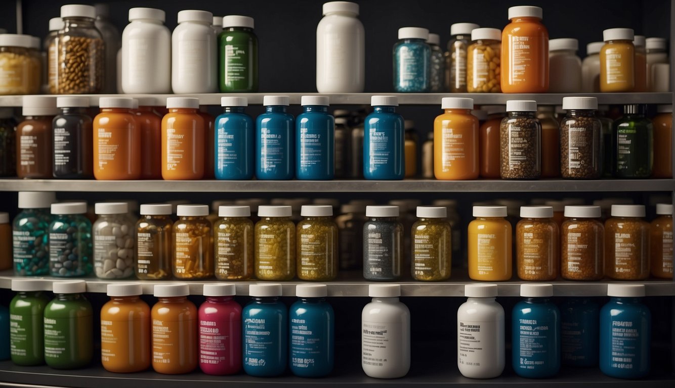 Various supplement bottles arranged in a row, with one brand standing out. A person comparing labels and jotting notes