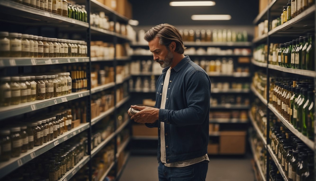 A customer browsing shelves of herbal products, reading labels and reaching for a bottle