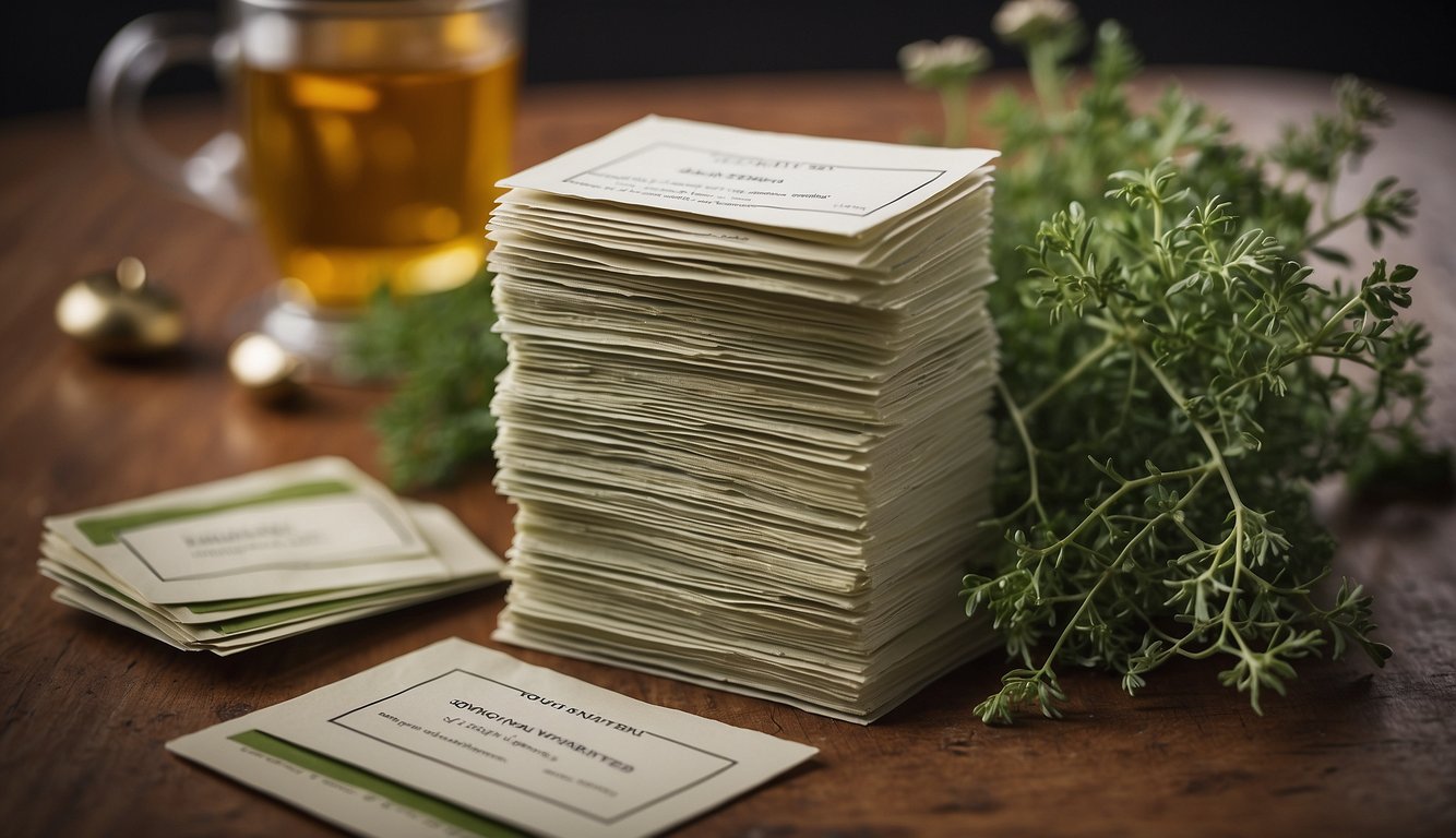 A stack of herbal review cards surrounded by question marks