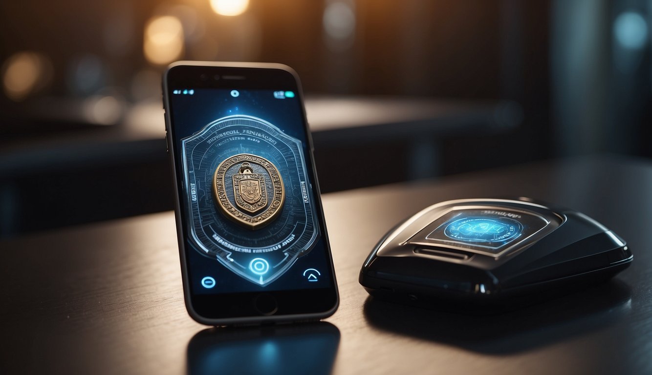 A smartphone lying on a table, surrounded by a lock, shield, and key symbolizing security. A fingerprint scanner and password prompt add extra layers of protection