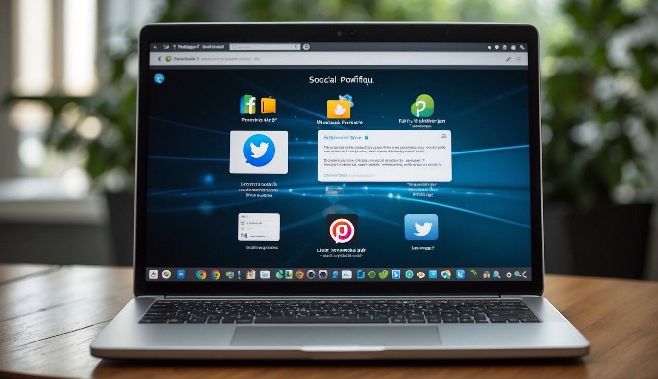 A laptop screen with a social media profile open, surrounded by privacy setting options and security features