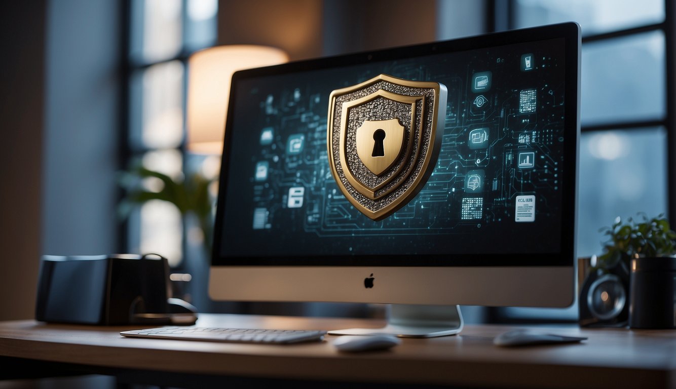 A computer screen with privacy settings open, a lock icon symbolizing security, and a shield icon representing protection