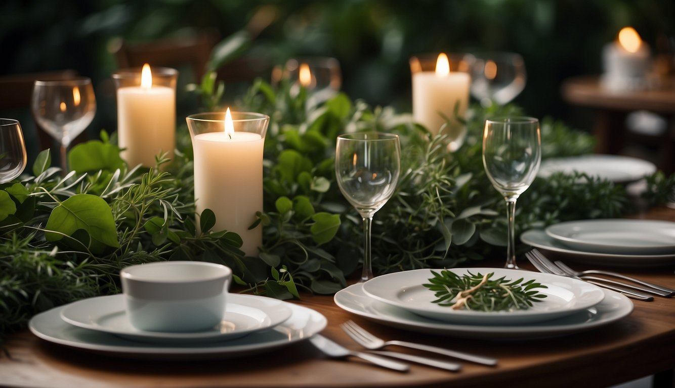 A table set with elegant plates, surrounded by lush green herbs and soft candlelight, evoking a sophisticated and inviting dining experience