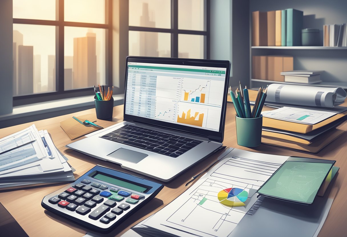 A desk with a laptop, calculator, and documents. A chart showing financial comparisons. Business logos in the background