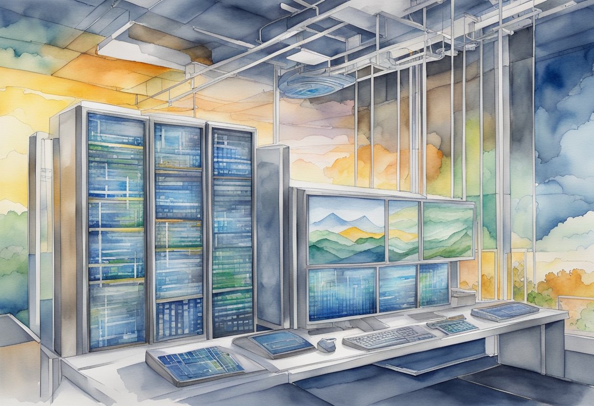 A supercomputer processes data on climate change, displaying complex models and graphs