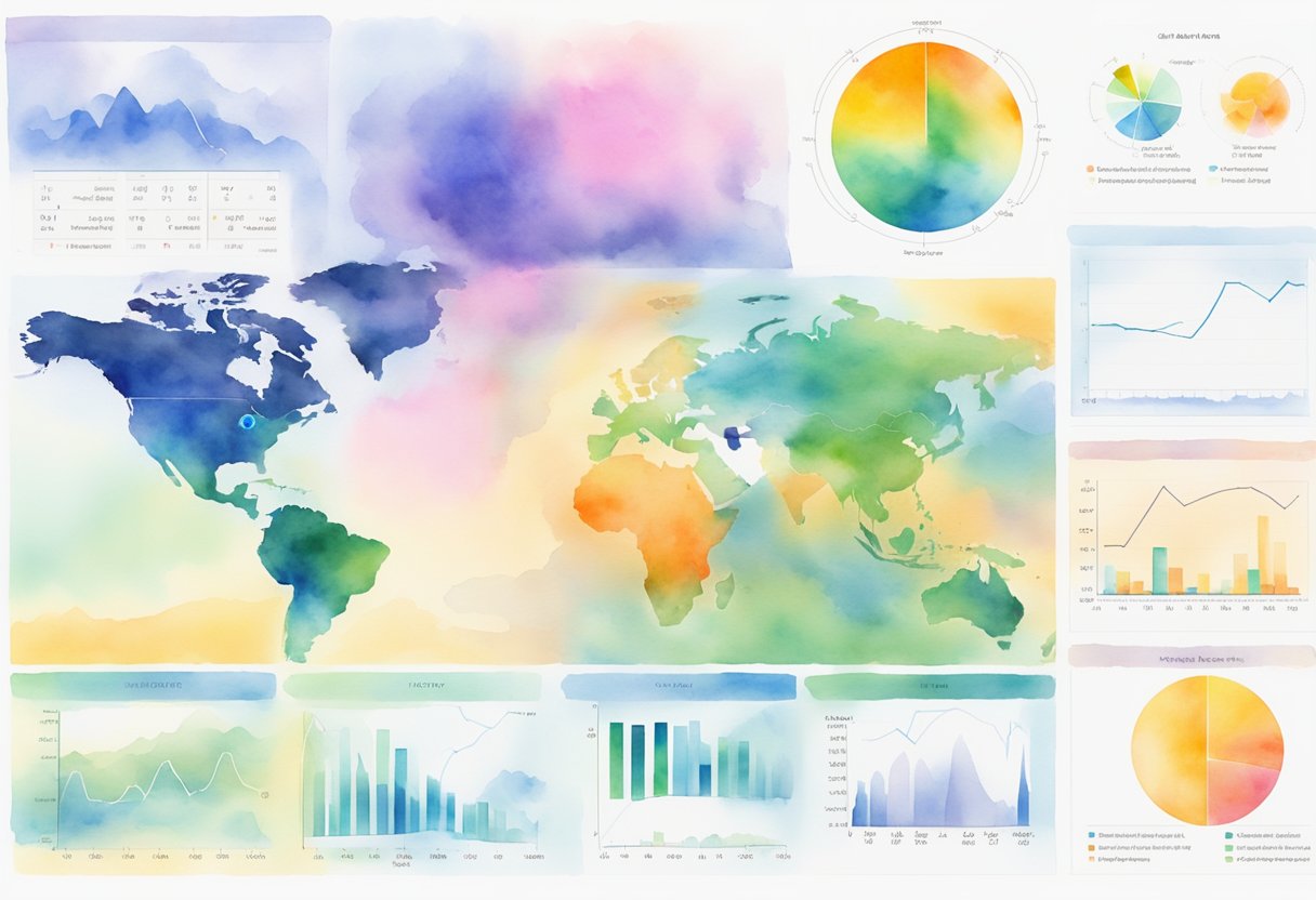 AI analyzes climate data, showing uncertainty in models. Graphs and charts visualize interpretation