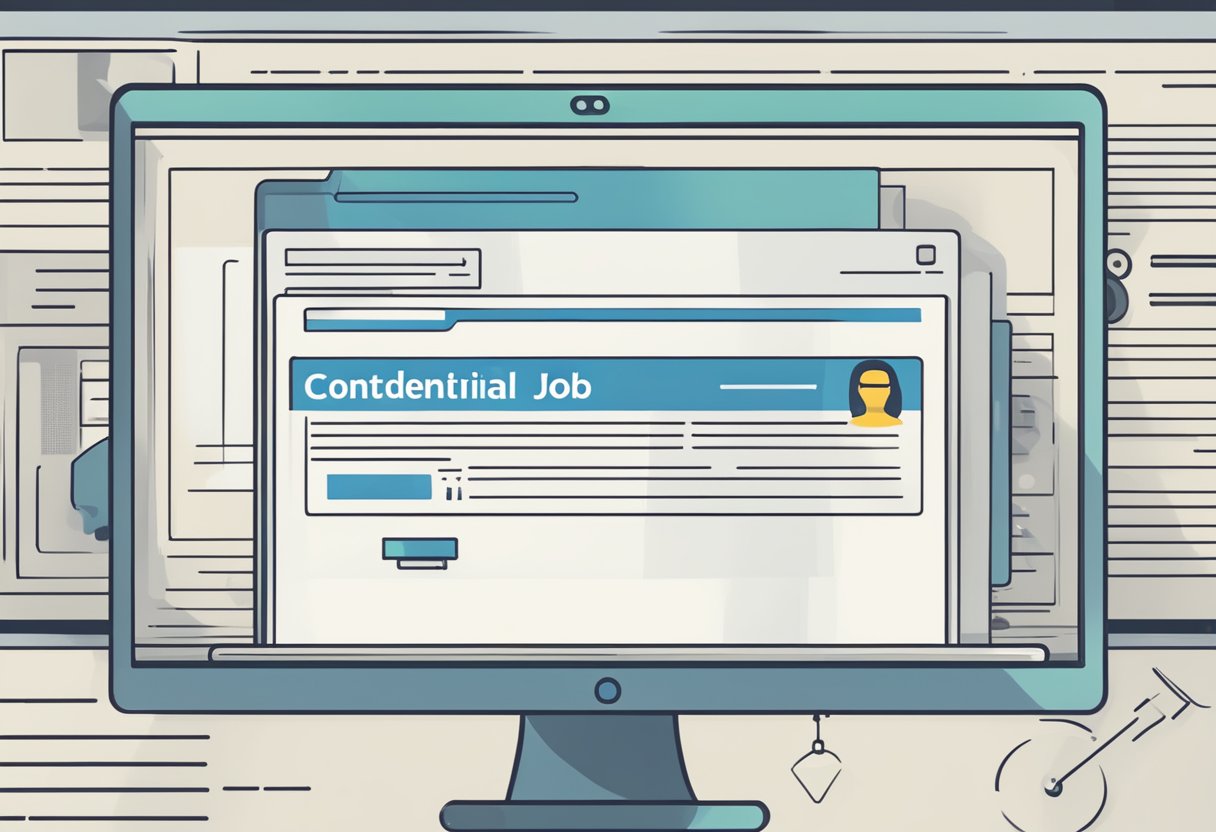 A computer screen displaying a confidential job posting on LinkedIn, with a padlock icon and the words "Confidential Job Posting" prominently displayed
