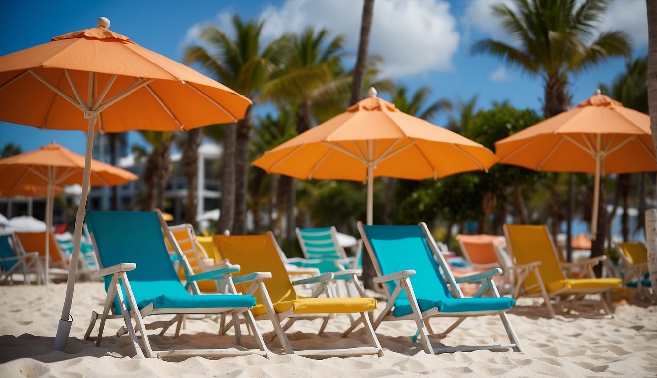 Beach chairs and umbrellas available for rent at Deerfield Beach