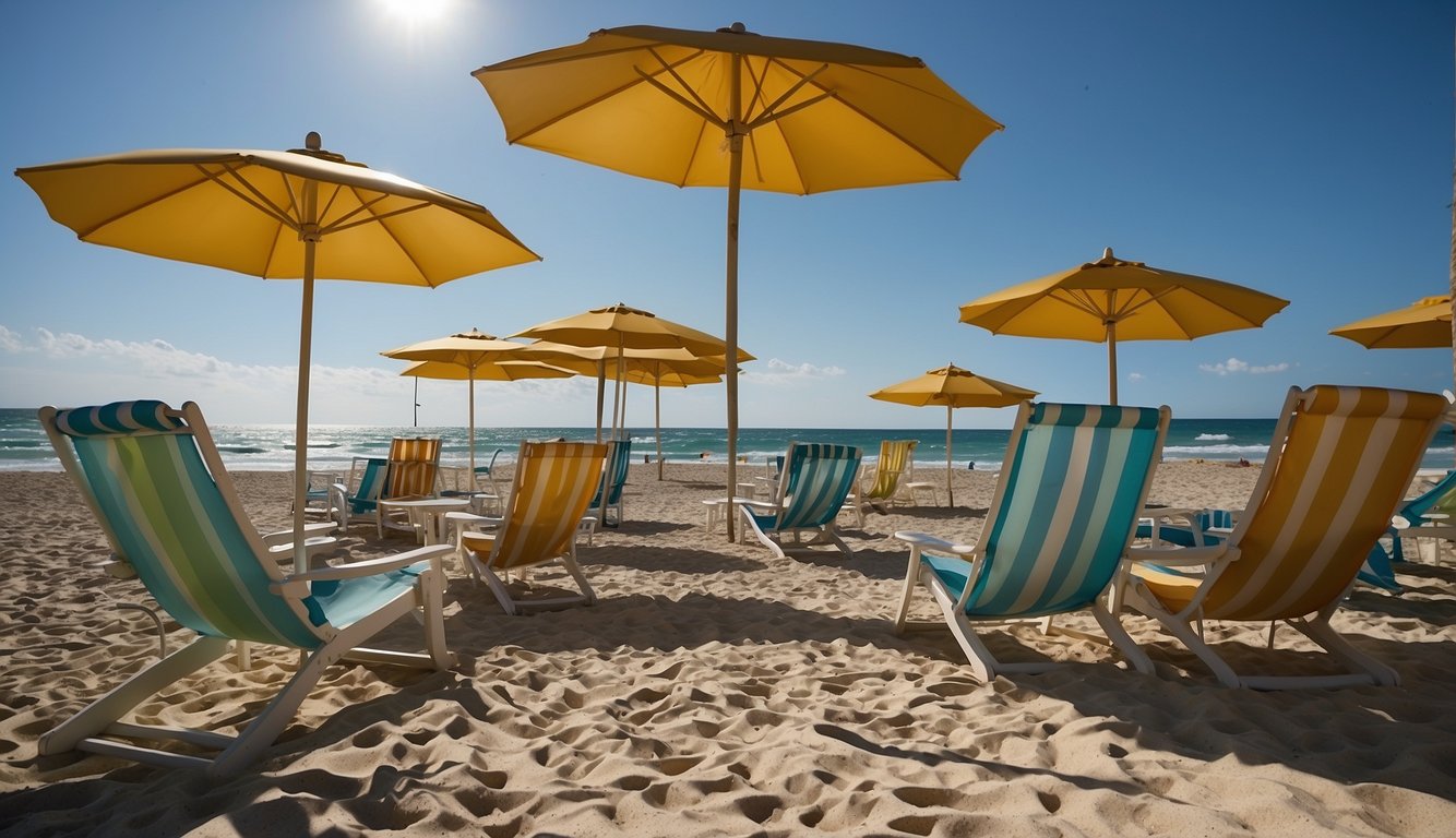 The sandy shore of Deerfield Beach stretches out, dotted with rental beach chairs and umbrellas, inviting visitors to relax and enjoy the sun and surf