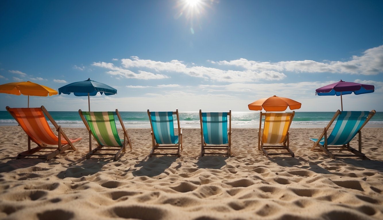 Beach chairs and umbrellas line the sandy shore at Deerfield Beach, available for rental