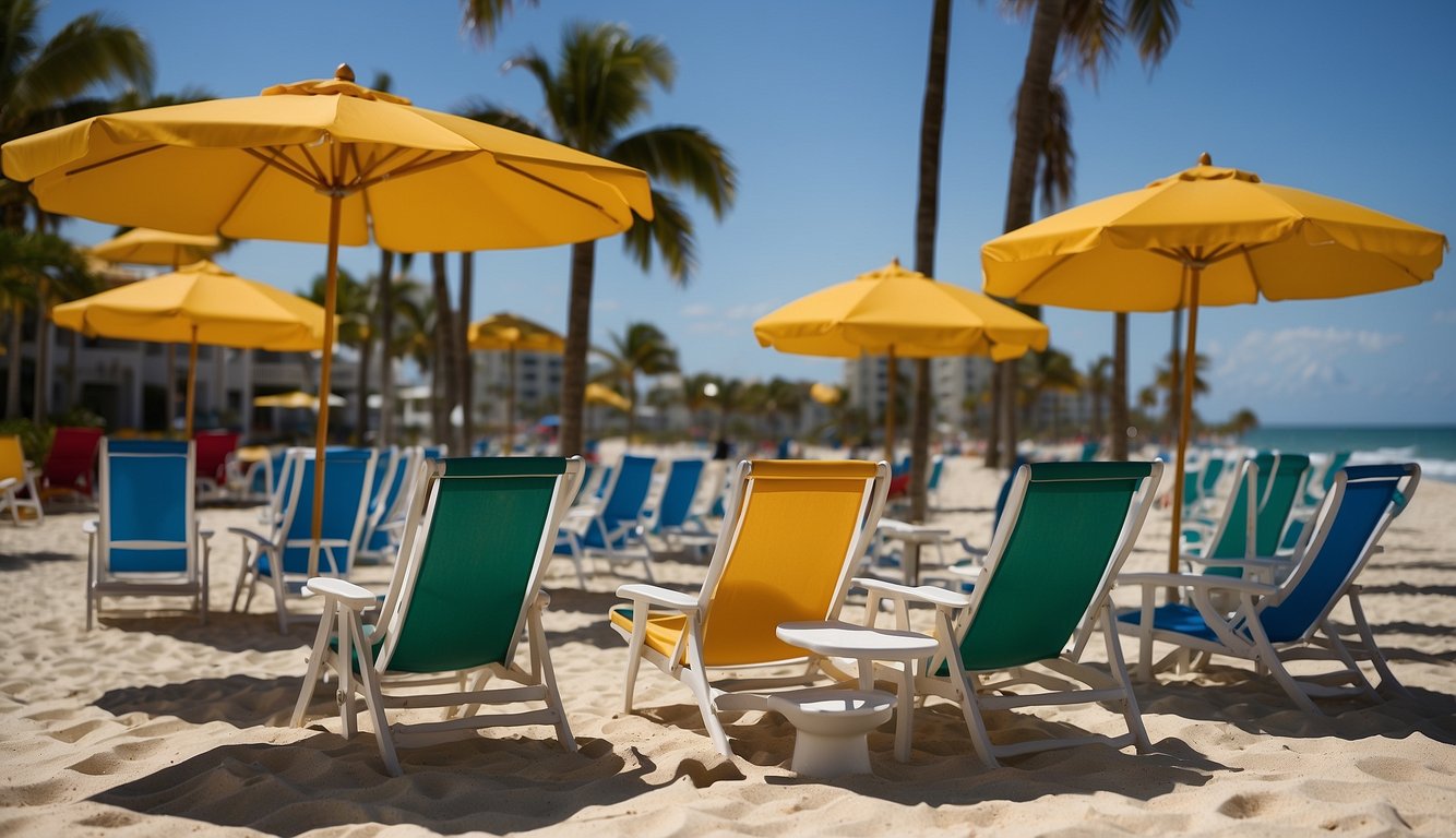 Beach chairs and umbrellas are available for rent at Deerfield Beach, providing convenience and comfort for beachgoers