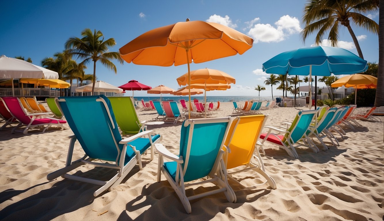 Beach chairs and umbrellas available for rent at Deerfield Beach. Pricing information provided