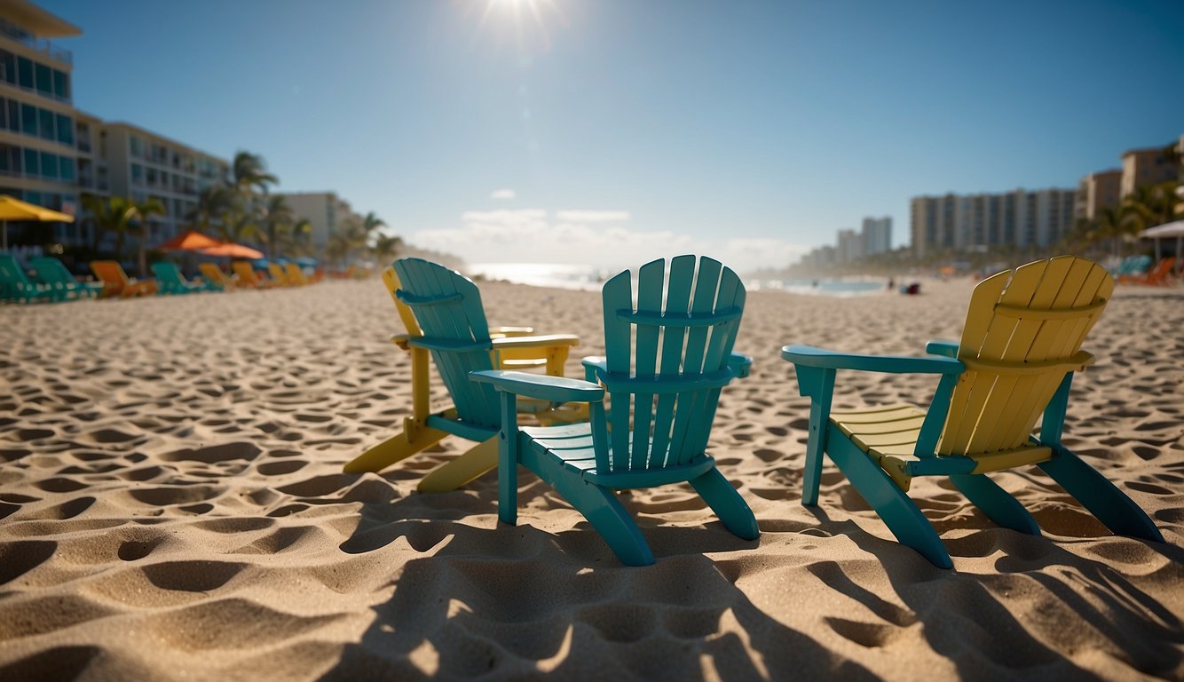Beach chairs and umbrellas line the sandy shore at Deerfield Beach, available for rent. The turquoise waves crash against the shore, while the sun shines brightly overhead