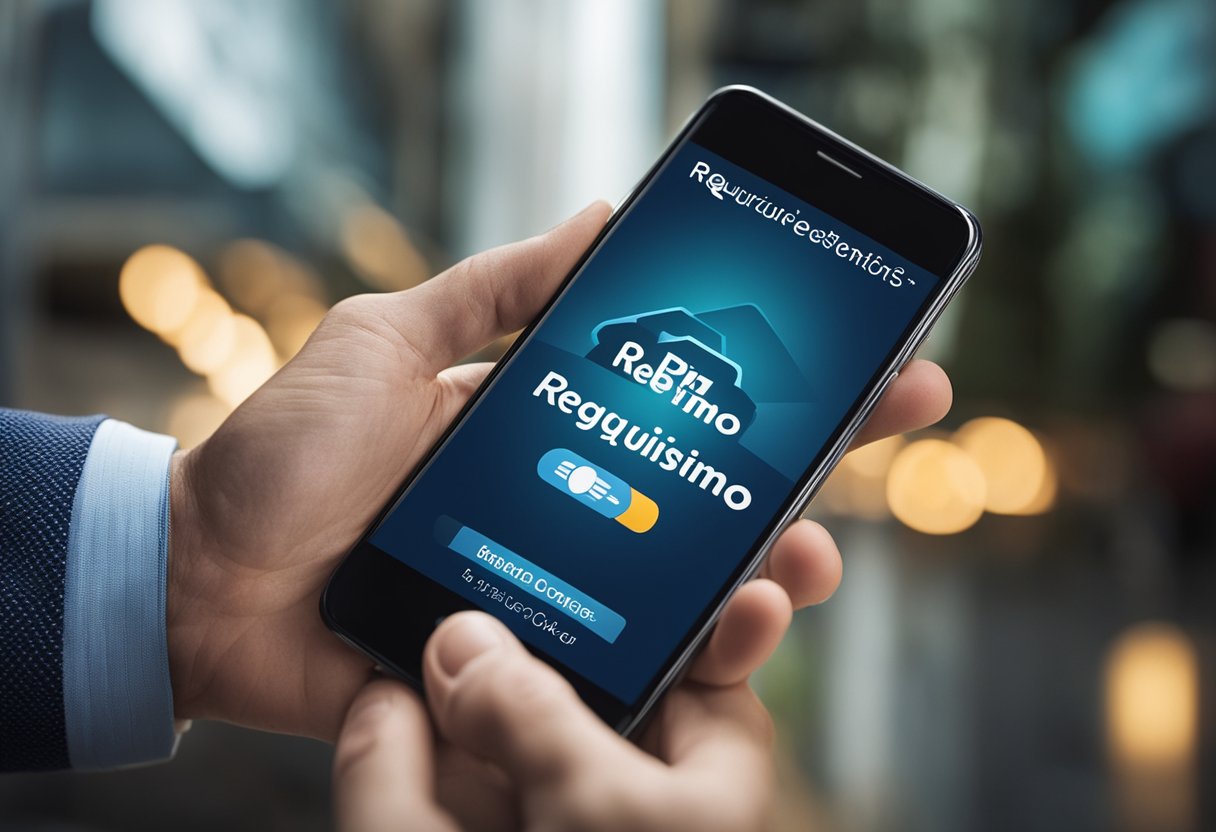 A hand holding a smartphone with a PIX app open, while a bank logo and the words "Requisitos e Condições Empréstimo na Hora" appear on the screen