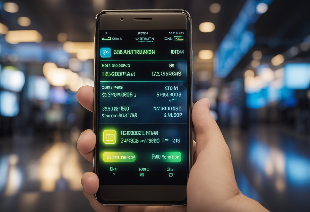 A smartphone with a glowing screen displaying a transaction using PIX. Five options for instant loans are listed on the screen