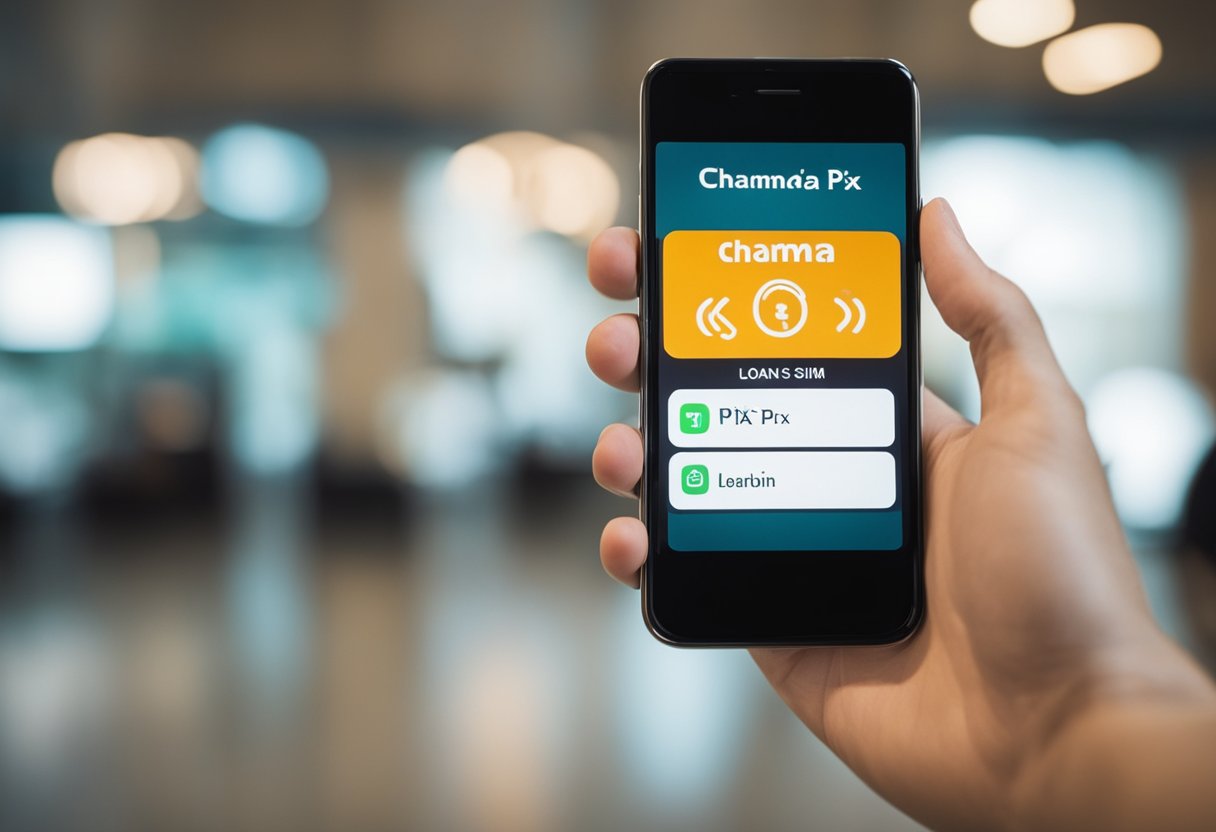 A hand holds a smartphone, tapping the "Chama no PIX" button on the SuperSim app to request a loan using the PIX payment system